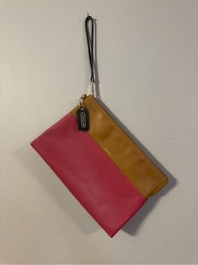 Coach Two-Tone Pink and Tan Leather Wristlet Clutch